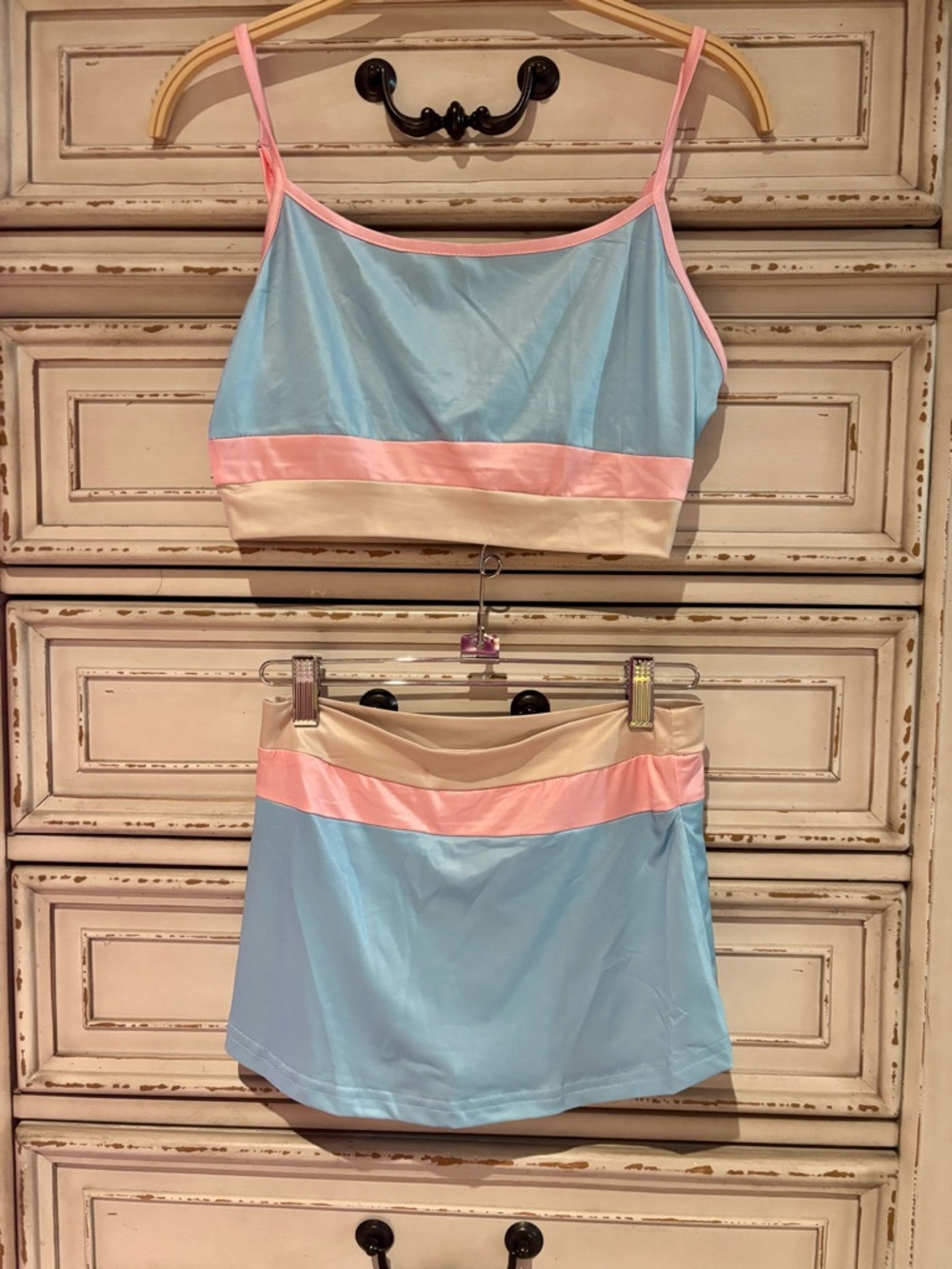 Pastel Blue Two-Piece Crop Top and Skirt Set